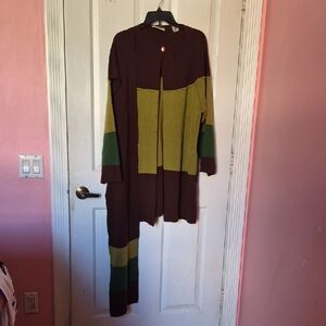 Vintage,1970sMoses Collection Block Style Green And Brown Cardigan With Scarf